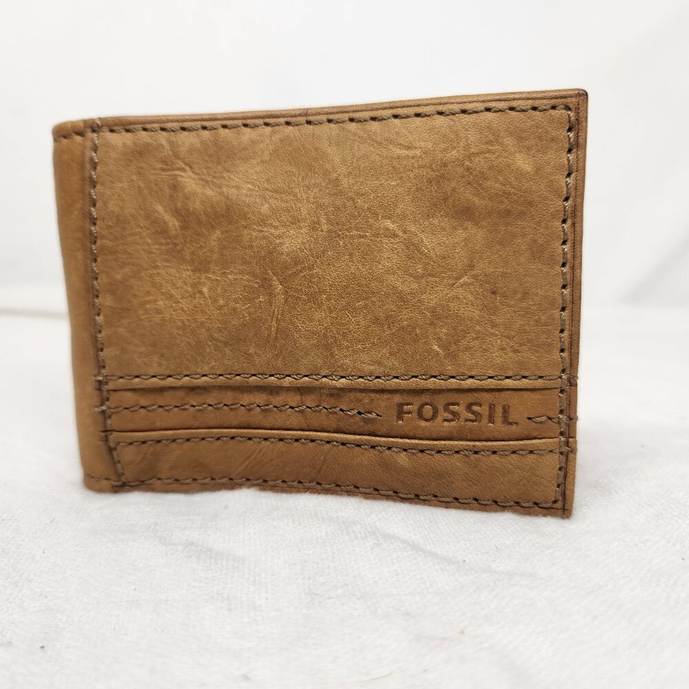 Fossil Men Tan Leather Money Clip Bifold Wallet
